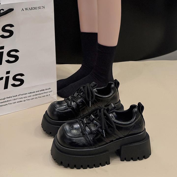 7cm厚底松糕小皮鞋女单鞋2025春季新款增高系带乐福鞋显脚小女鞋