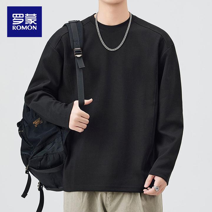 罗蒙春秋季长袖男纯色拼接设计感圆领体恤衫百搭休闲潮流重磅体恤