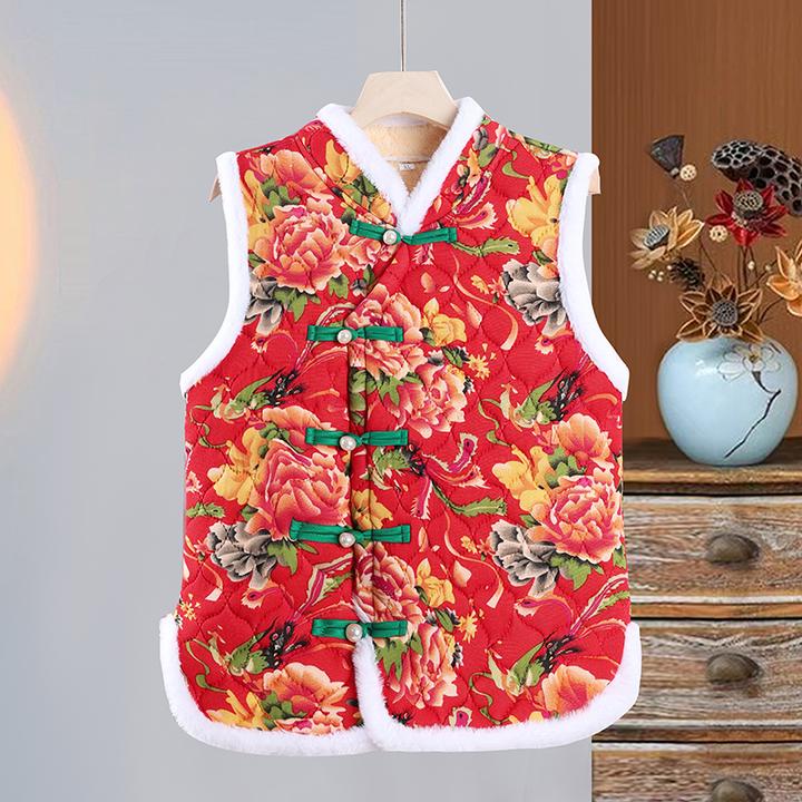东北大花加绒加厚马甲中老年妈妈装短款修身棉背心民族风坎肩女装