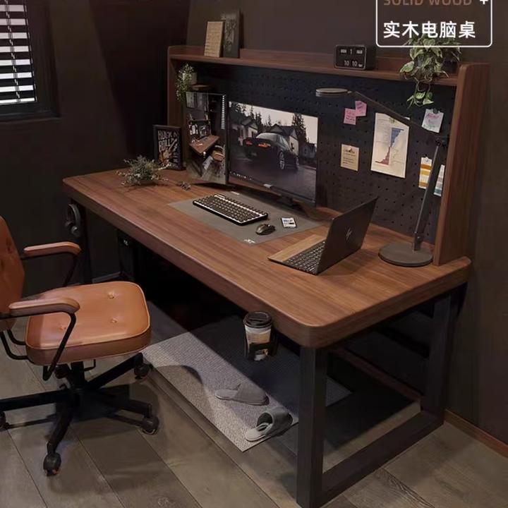 50厚全实木电脑桌电竞桌书桌房间台式可放主机桌子书桌书架一体