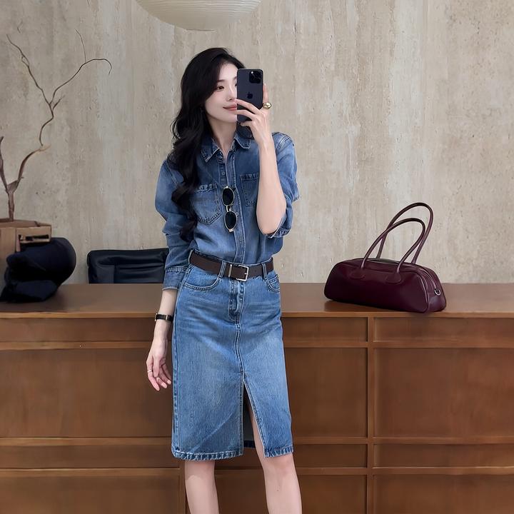 韩版气质蓝色牛仔套装女款2025秋新款大方得体通勤穿搭衬衣半身裙