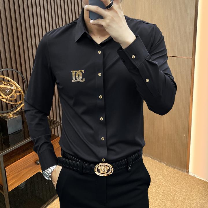 高端长袖衬衫男士秋季新款欧货字母烫钻免烫垂感抗皱潮流上衣衬衣