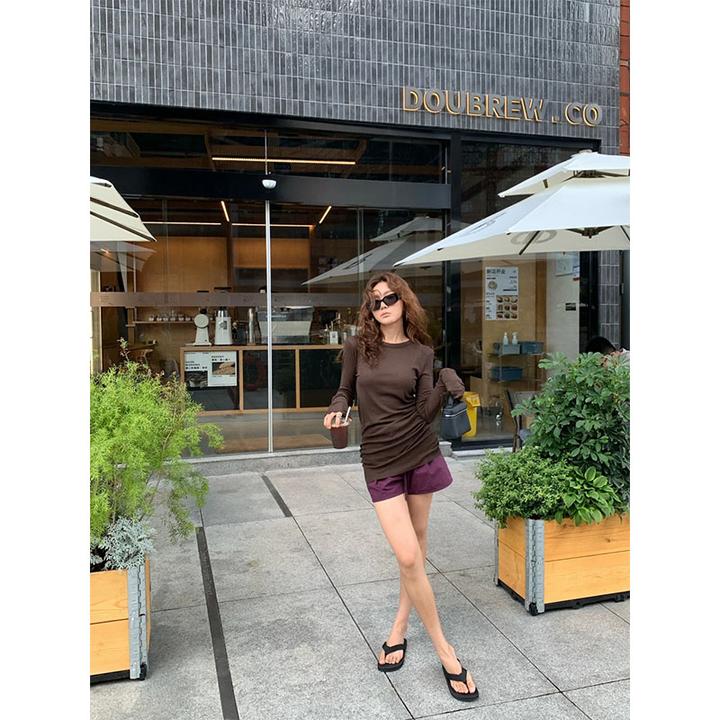 夏季通勤风休闲简约时尚百搭显瘦修身穿搭长袖圆领上衣抽绳短裤女