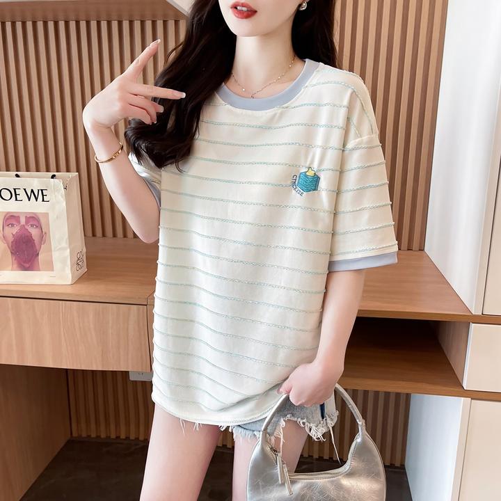 刺绣圆领短袖T恤女2025夏季韩版时尚宽松百搭设计感提花条纹上衣