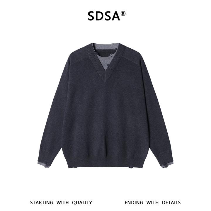 SDSA男士秋冬新款痞帅男装韩版拼接撞色勾破圆领毛衣百搭时尚上衣