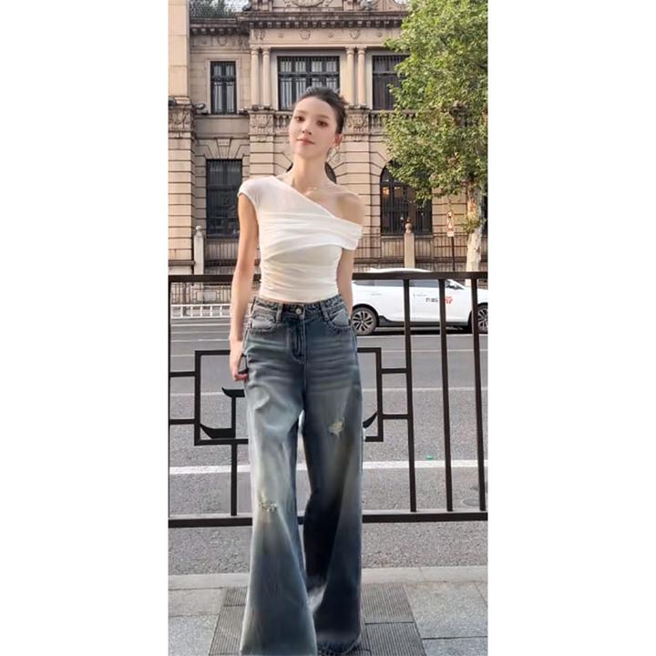 2025春夏季新款修身气质时尚斜肩上衣简约休闲宽松直筒牛仔长裤女