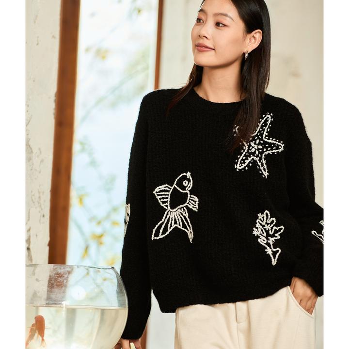 无色无味【暗调绮梦】羊毛羊绒毛衣女冬新款套头童趣风圆领针织衫