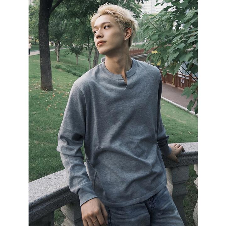 灰色亨利v领针织打底衫男款秋冬美式复古高级松弛感内搭圆领毛衣