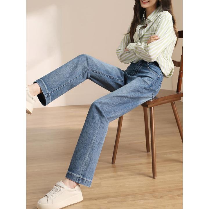 轻奢窄版直筒牛仔裤女秋冬新款高腰弹力宽松拖地阔腿烟管裤子显瘦