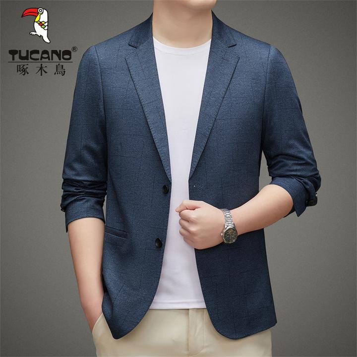 啄木鸟新款春秋男修身格子小西装时尚商务休闲薄外套帅气单排扣