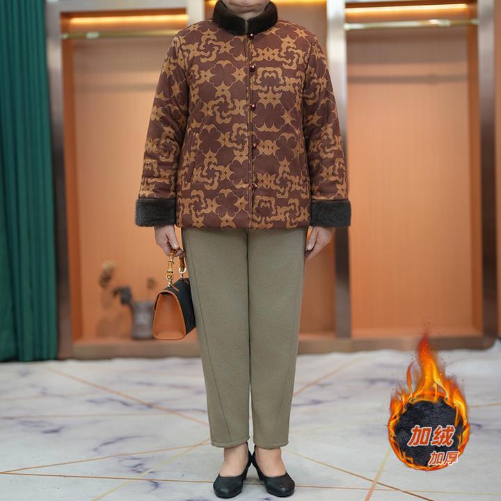 210斤大码胖妈妈装拼接毛加绒加厚花棉服秋冬中老年洋气保暖外套