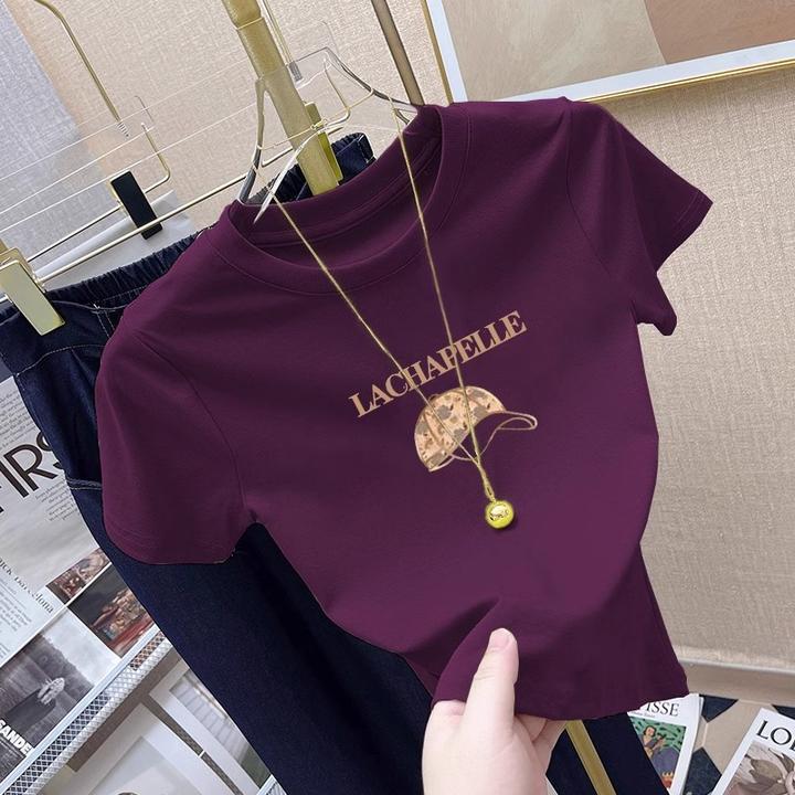 韩版正肩圆领短袖T恤女夏季新款气质修身显瘦辣妹短款紫色上衣ins