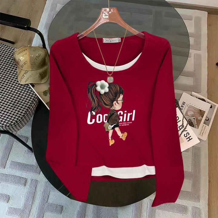 假两件拼接长袖T恤女2025春秋新款修身圆领小个子短款打底上衣潮