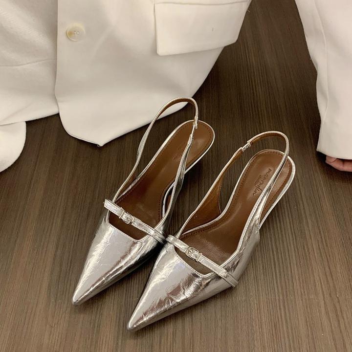 UHCK银色小猫跟高跟鞋凉鞋女鞋子2025新款春季气质配裙子复古尖头