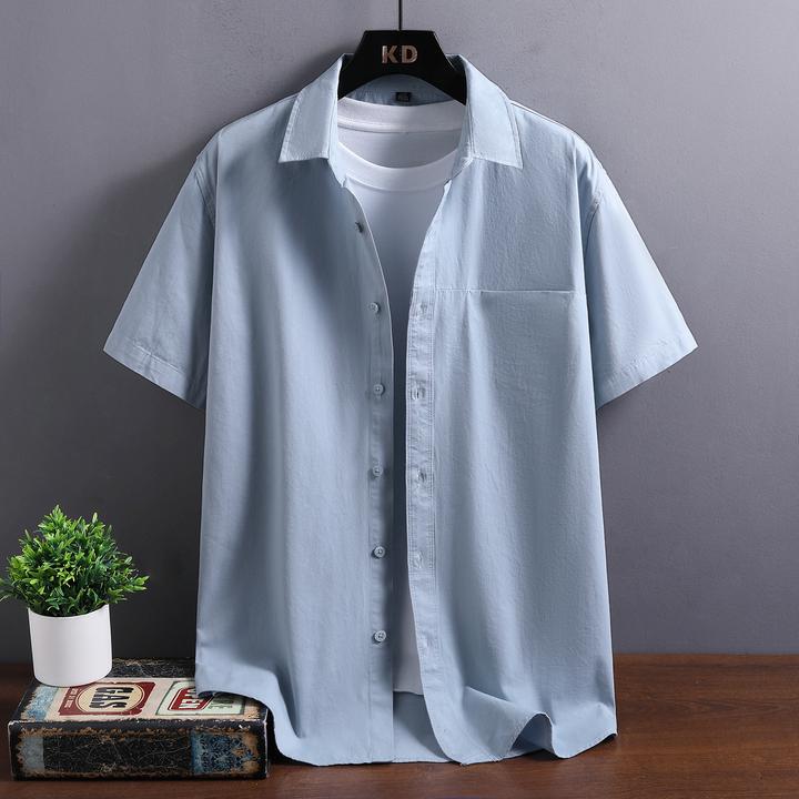 男士色短袖衬衫夏季清新风格潮流衬衣商务翻领休闲薄款宽松衬衫
