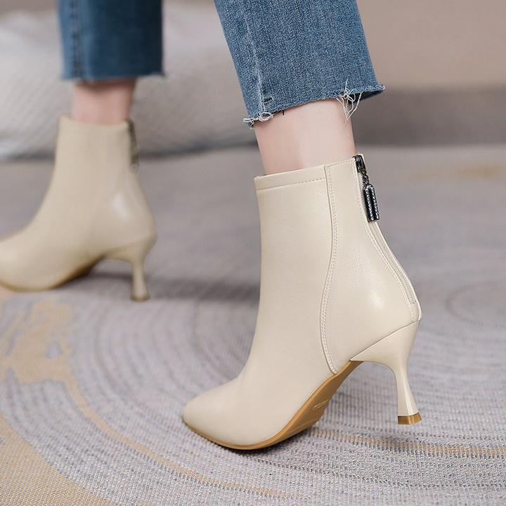 软皮气质短靴靴子女2025秋冬款中跟百搭细跟踝靴女尖高跟靴5