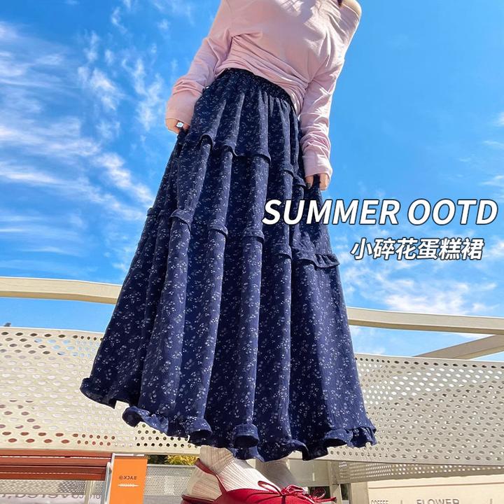 藏青色小碎花蛋糕半身裙女2025春新款秋季中长款高腰显瘦a字伞裙