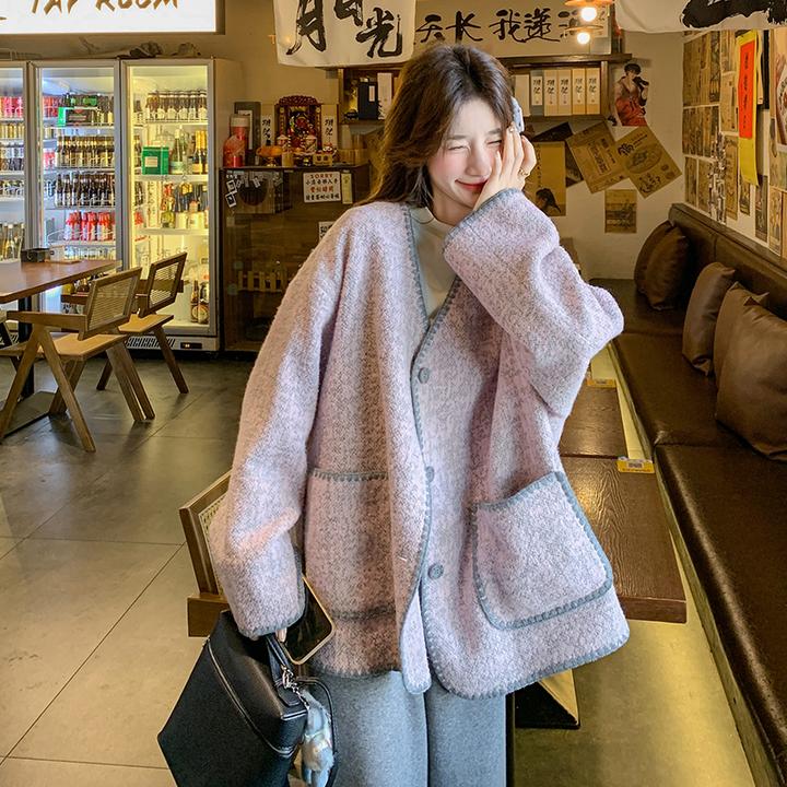 粉紫色小香风宽松毛呢外套女春秋季新款慵懒风甜美减龄呢子大衣