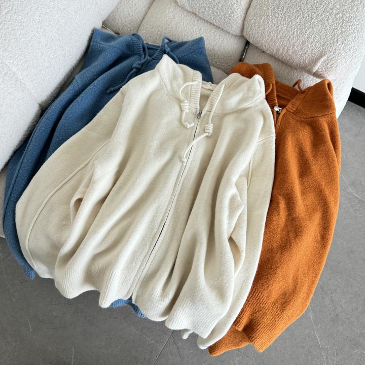 【听风格】五色可机洗波尔绒双拉链韩系百搭连帽宽松针织开衫外套女