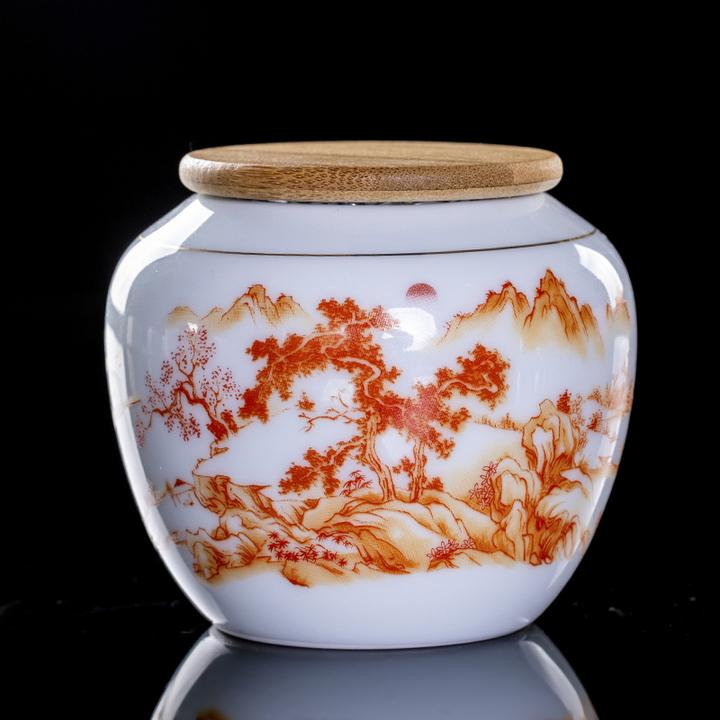 影青描金山水茶叶罐竹盖锡纸密封储茶罐陶瓷密封防潮存茶一罐多用