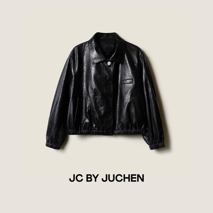 黑标线“布莱克” 植鞣瓷润油蜡羔羊皮翻领皮衣外套 FW115010-896