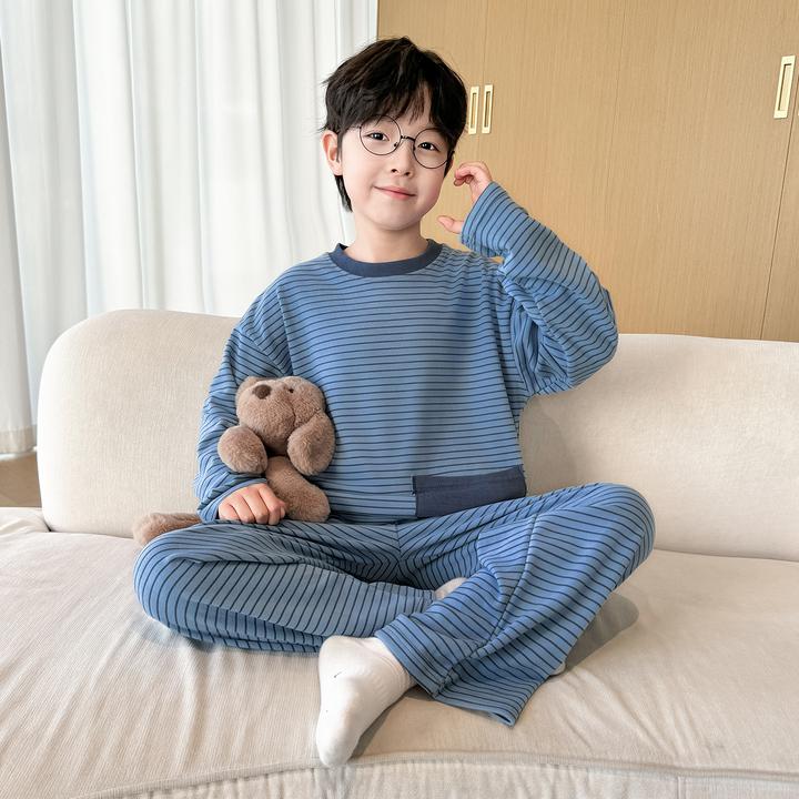 男童德绒条纹长袖睡衣秋冬2025新款儿童亲肤保暖家居服套装中大童