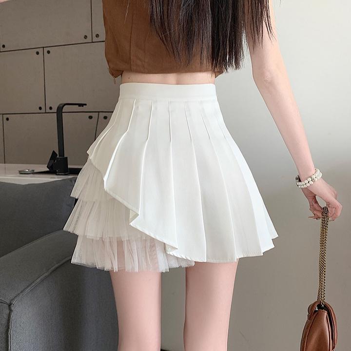 不规则白色网纱百褶短裙女高腰a字显瘦半身裙小个子防走光包臀裙
