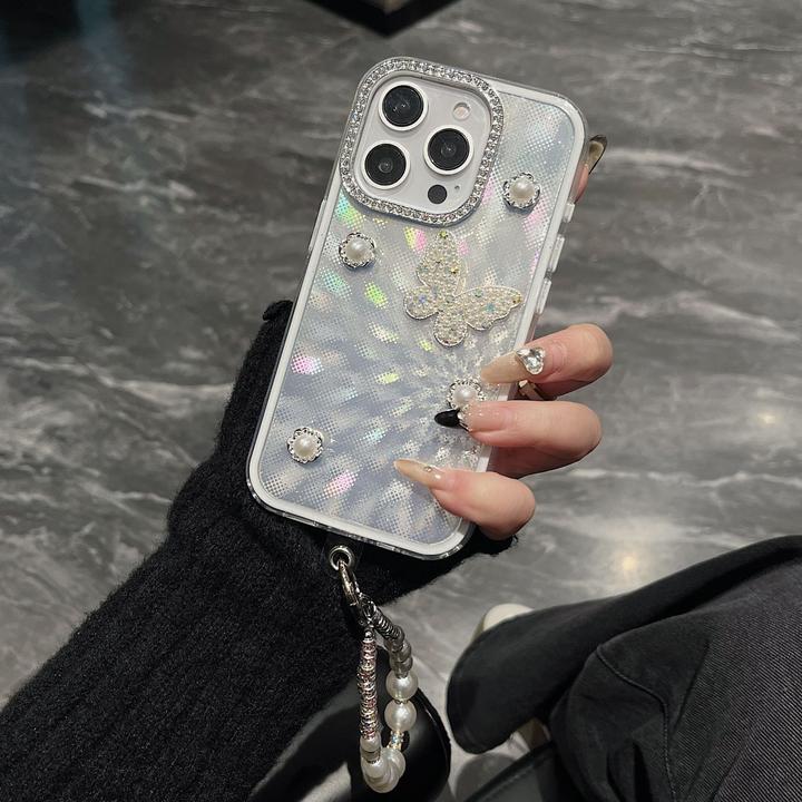 极光闪粉珍珠蝴蝶适用苹果16手机壳iphone15/14/13promax手链女款