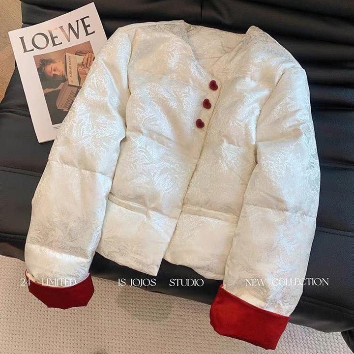 新中式撞色提花短款棉服女2024冬季高级复古国风轻薄保暖棉衣外套