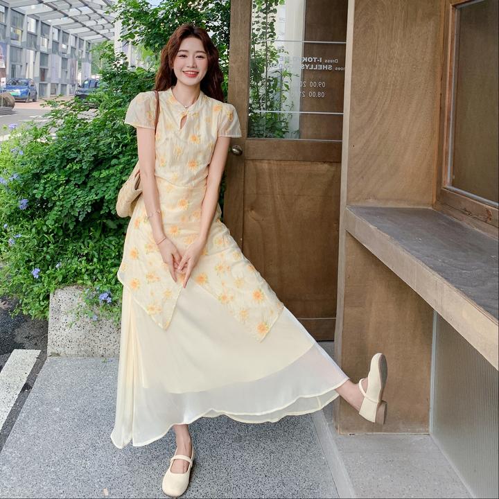 新中式国风碎花假两件连衣裙女夏季2025新款独特漂亮改良旗袍长裙