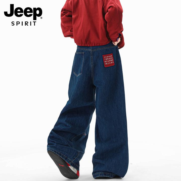 JEEPSPIRIT美式复古数字刺绣牛仔男女秋水洗阔腿裤挂绳设计感长裤