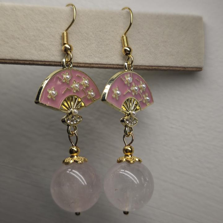 天然粉水晶耳坠珐琅彩工艺珍珠配饰显白气质时尚轻奢高级感耳饰