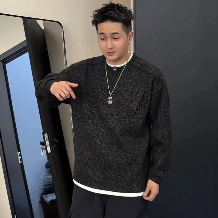秋冬新款磨毛加厚假两件卫衣男款美式轻奢时尚百搭宽松打底上衣