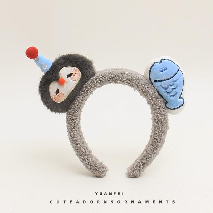 创意企鹅小鱼发箍可爱萌趣毛绒卡通头饰少女拍照洗脸发卡搞怪头箍