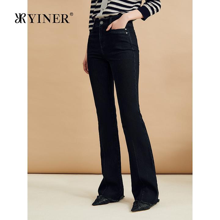 YINER音儿女装秋杜邦纱弹力长裤法式夏日微喇竹节肌理通勤牛仔裤