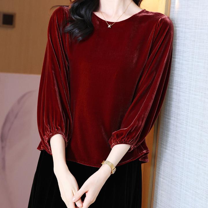 真丝丝绒上衣女圆领纯色收腰显瘦简约气质大方桑蚕丝t恤小衫秋