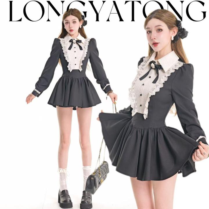 龙牙童推荐【Doll感伯爵】显瘦长袖赫本风连衣裙公主辣妹性感百褶