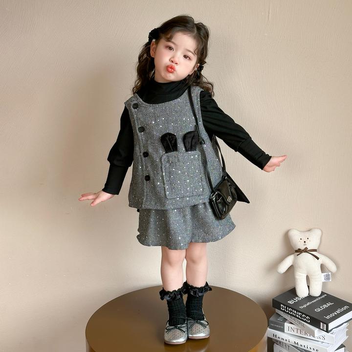 女童小香风套装洋气儿童春秋装2025新款女宝宝马甲三件套女孩时髦