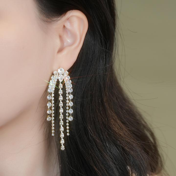 铜合金合成锆石耳饰 10569铃铛耳环日韩时尚法式几何图案满钻长款