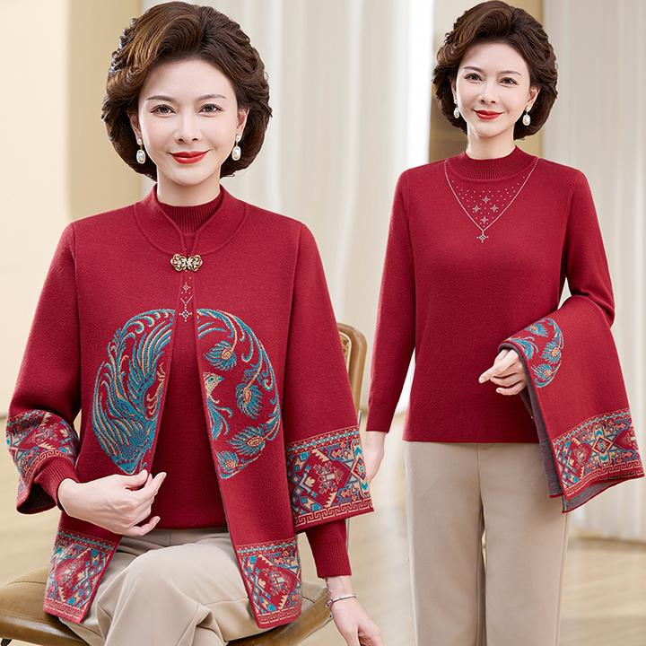 2025新款喜庆妈妈装生日礼服毛针织衫中老年女装毛衣外套两件套装