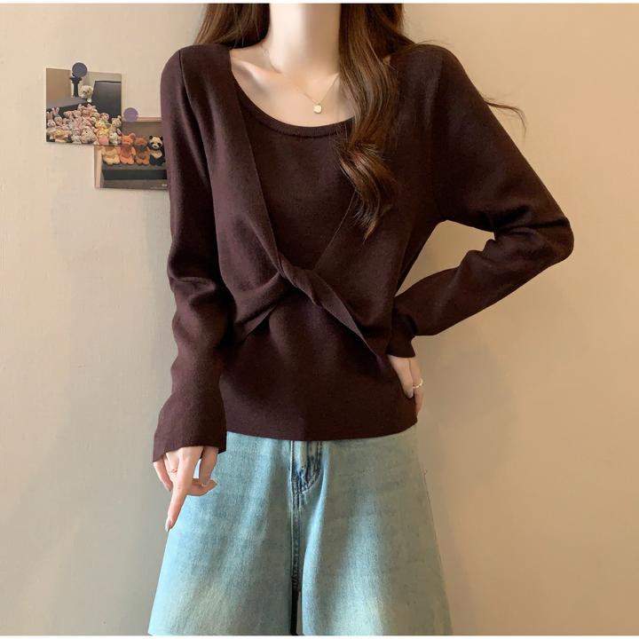 大码长袖T恤女春秋胖mm百搭内搭扭结