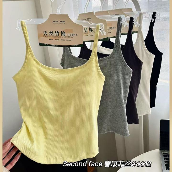 春夏款森色系螺纹天丝竹吊带背心固定一体杯内搭基础百搭6612#