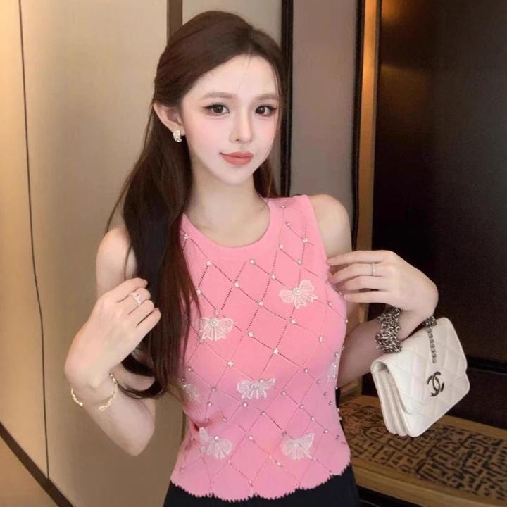 夏季2025年新款无袖背心设计感镶钻小个子短款打底衫修身上衣女装
