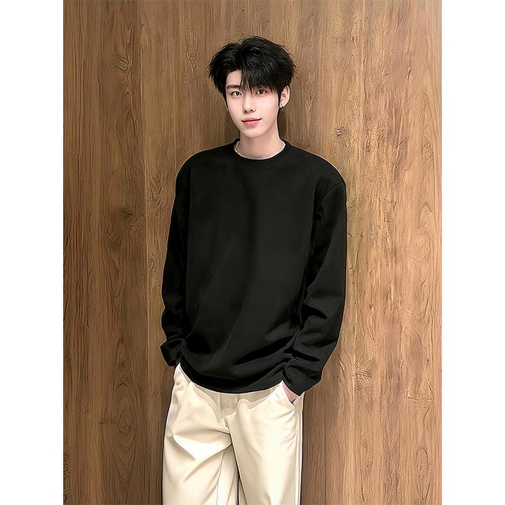 美式黑色长袖t恤男款秋季cleanfit小领口正肩卫衣重磅内搭打底衫