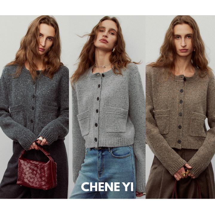 CHENE YI 粗针羊驼毛羊毛混纺点纱圆领长袖针织毛衣开衫外套女