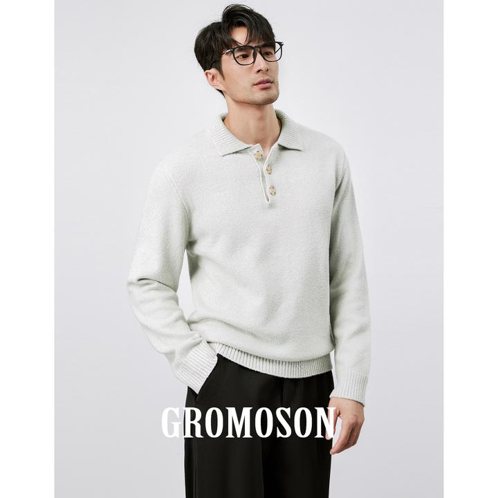 意式老钱风 秋冬加厚保暖男士长袖翻领polo衫纯色百搭针织衫毛衣