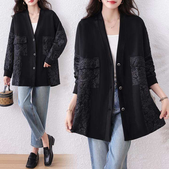春秋季V领百搭简约大码微胖女装蕾丝时尚休闲宽松显瘦外套女外穿