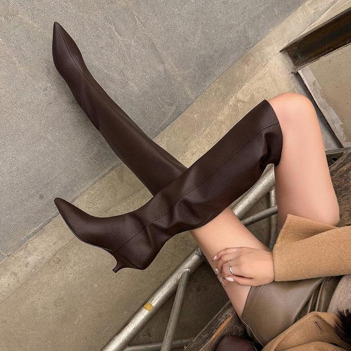 5cm英伦风时尚尖头细跟及膝靴2025秋冬新款套筒女款显瘦粗腿女靴