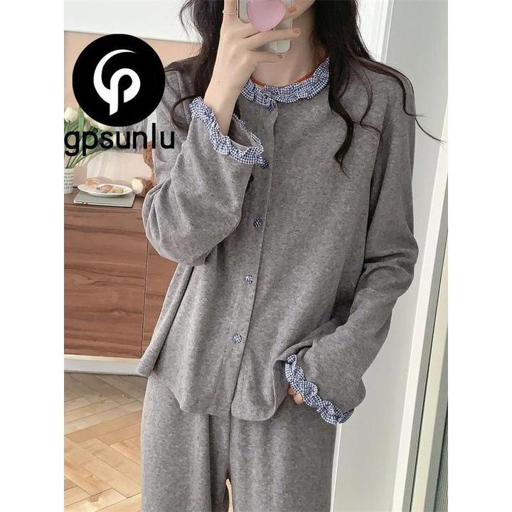 gpsunlu日系小众睡衣女款春秋冬季韩版荷叶边薄绒长袖家居服套装