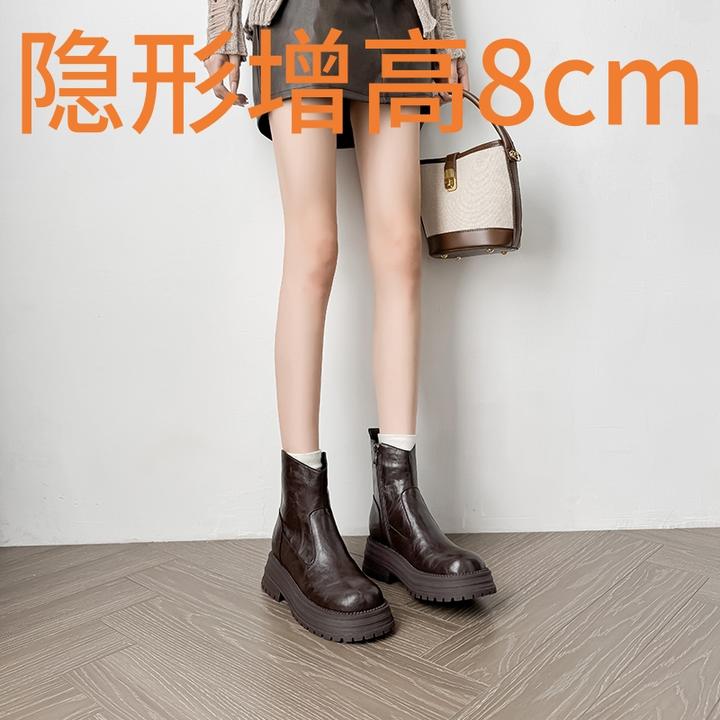 2025新款内增高5cm厚底马丁靴圆头秋冬短筒靴小个子粗跟显腿长